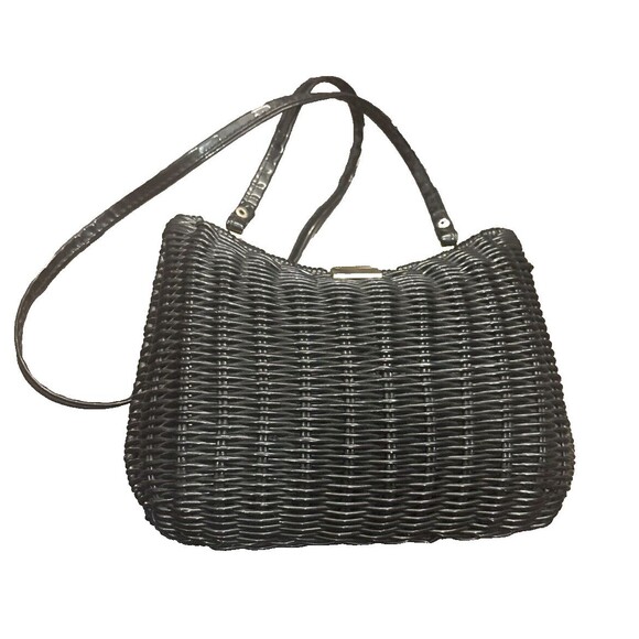 VTG Magid British Hong Kong Woven Wicker Like Basket Purse Handbag Black Gold - Picture 2 of 9